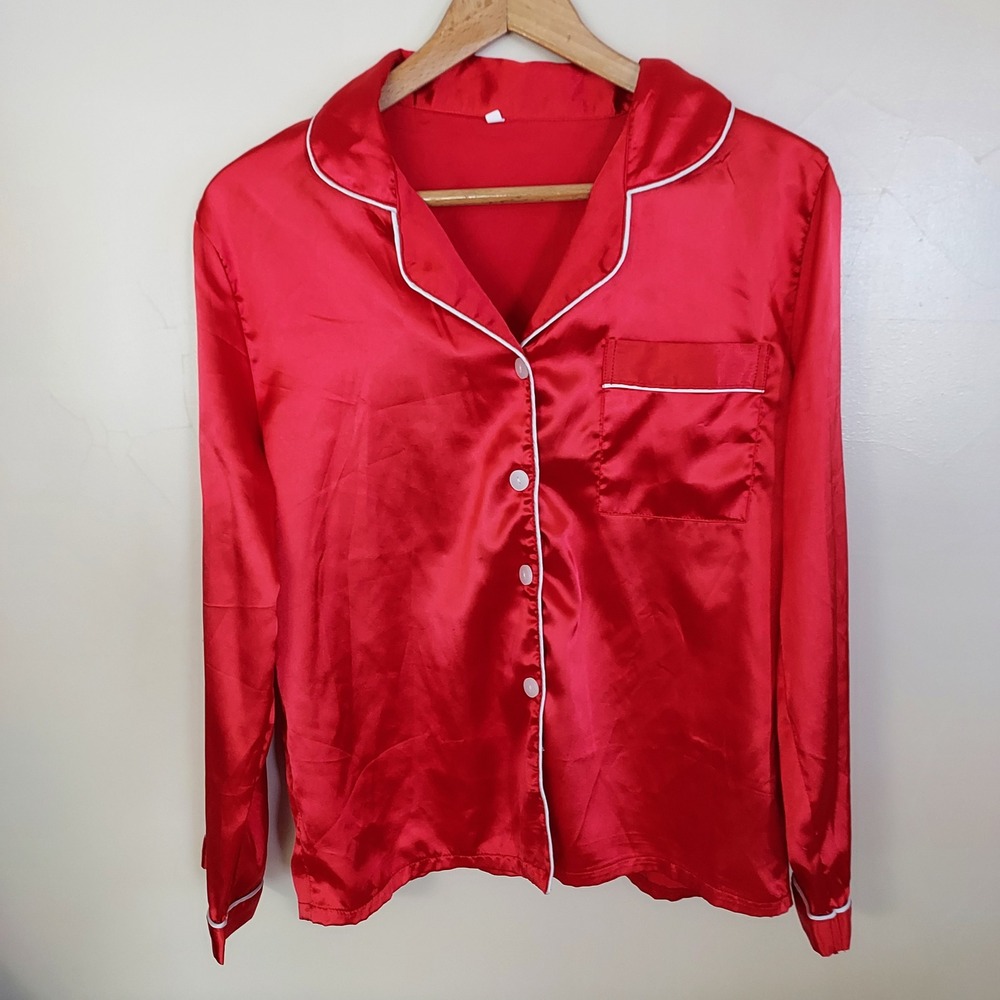 Red Satiny PJ Pajama Top Long Sleeve Button Down Lounge Romantic Coquette M